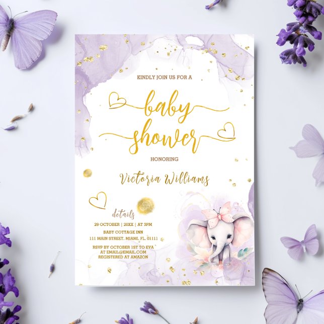 Violet Blush Pink Elephant Baby Girl Dusche Einladung (Von Creator hochgeladen)