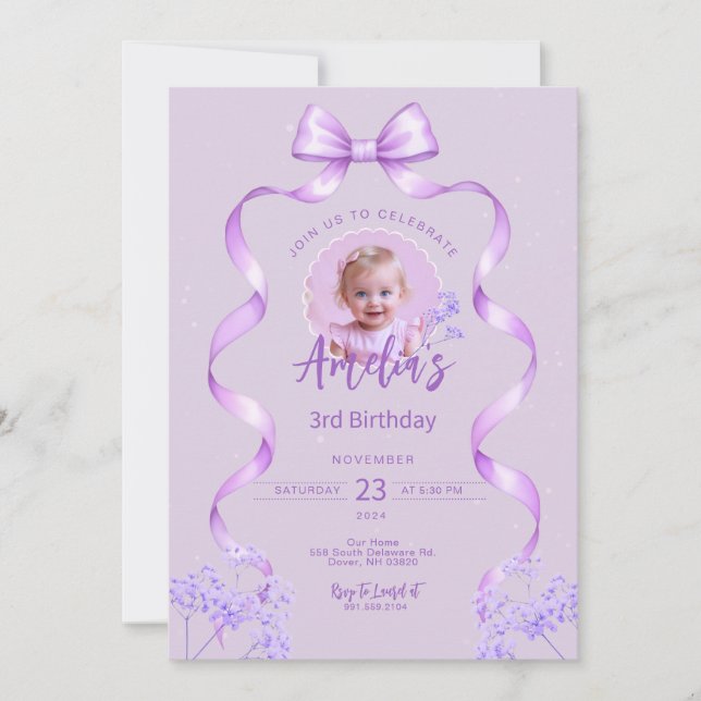 Violet Bow Anniversaire Tout âge Invitation avec p (Devant)