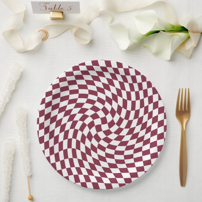 Violet Burgundy Wedding Collection Karo überprüft Pappteller (Hochzeit)