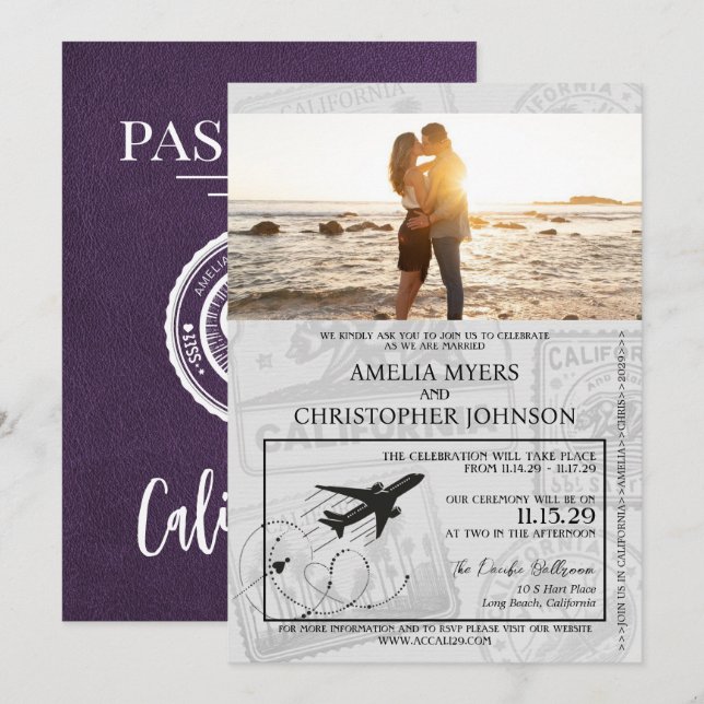 Violet California Passport Wedding Einladung (Vorne/Hinten)