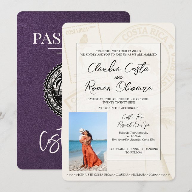 Violet Costa Rica Passport Hochzeit Einladung (Vorne/Hinten)