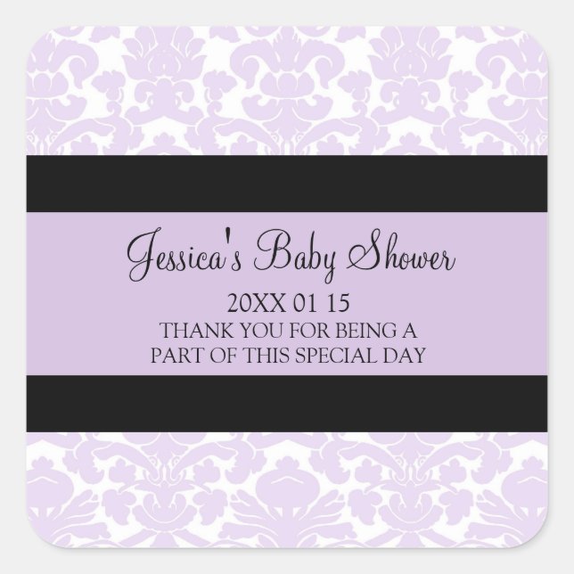 Violet Damask Baby Dusche Pflegeaufkleber Quadratischer Aufkleber (Vorderseite)