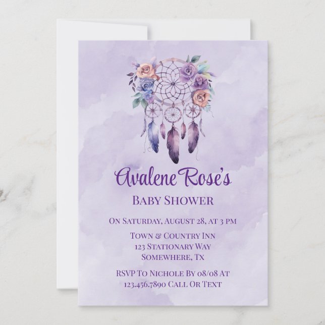 Violet Dreamcatcher und Blume Girl Baby Dusche Einladung (Vorderseite)
