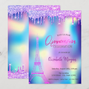 Violet Drops Eiffelturm Holografische Quinceanera Einladung