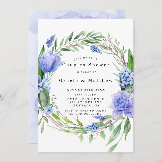 Violet Dusty Blue Hyacinth Couples Invitations de  (Devant / Derrière)