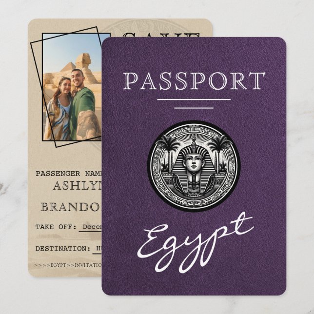 Violet Egypt Passport Wedding Save the Date (Devant / Derrière)