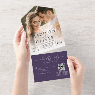 Violet Elegante Classic QR Code Foto Hochzeit All In One Einladung