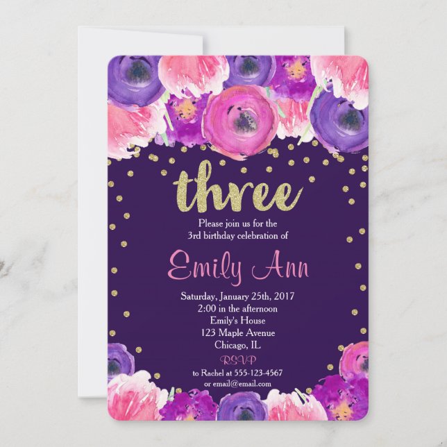 violet et or troisième anniversaire invitation (Devant)