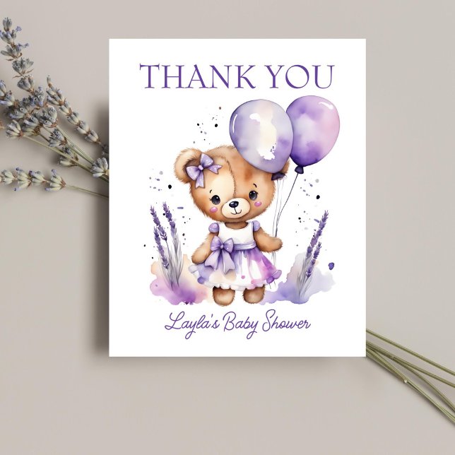 Violet fille en peluche baby shower carte de remer (Girl teddy bear baby shower thank you card cute teddy bear with a purple dress balloons thank you)
