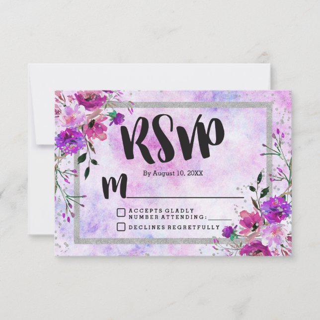 Violet Floral & Argent Frame Mariage RSVP Réponse (Devant)