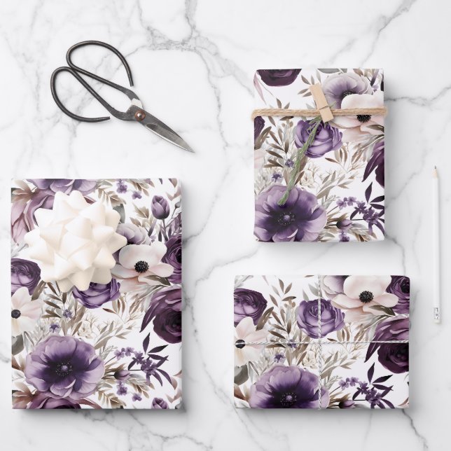 Violet Floral Geschenkpapier Set (Vorderseite)