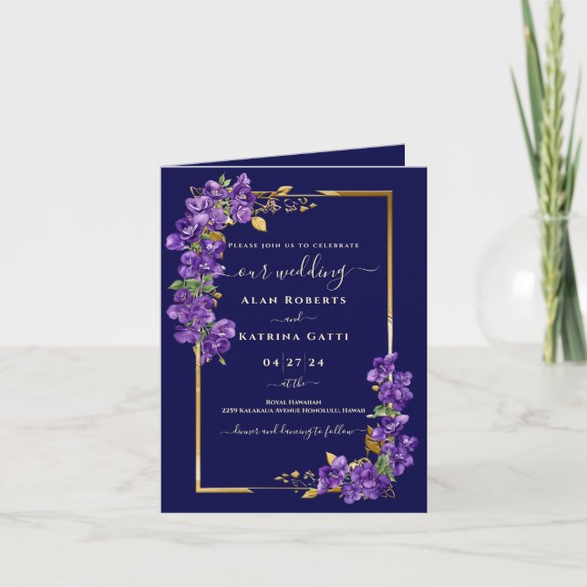 Violet Floral Gold Frame Elegant Folded Invitation Einladung (Vorderseite)