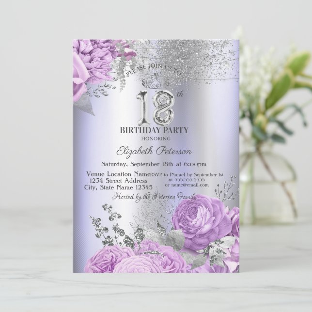 Violet Flowers Glitter Lilac 18th Birthday   Einladung (Stehend Vorderseite)