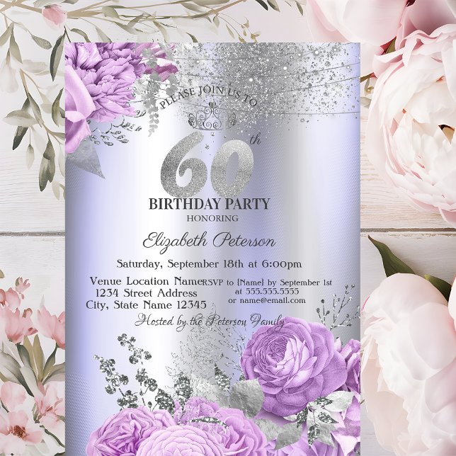 Violet Flowers Glitter Lilac 60th Birthday   Einladung (Von Creator hochgeladen)