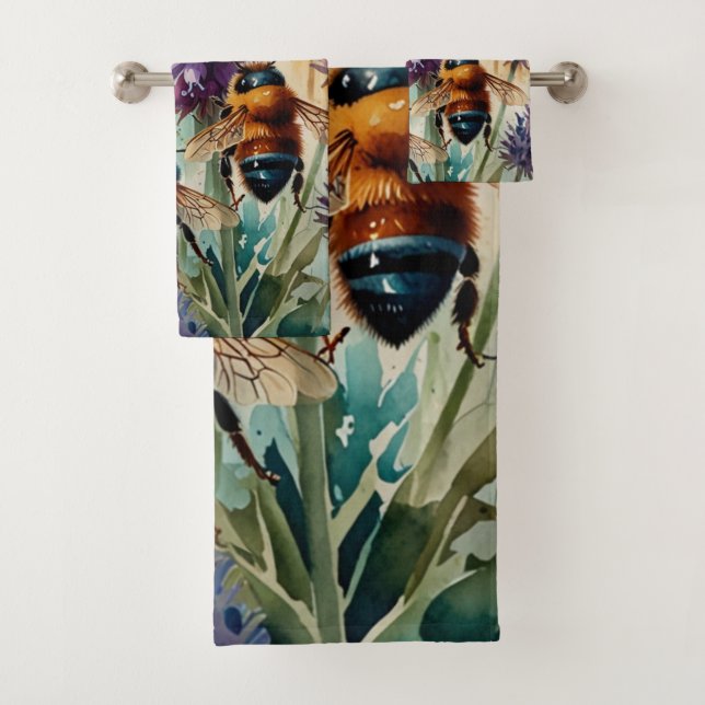 Violet Garden Buzz | Aquarellmalerei Badhandtuch Set (Insitu)