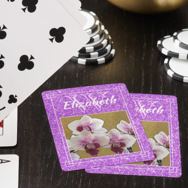 Violet Girly Glitzer Initial Monogram Custom Foto Spielkarten (Personalized initial letter monogram playing cards with purple and white orchid photo)