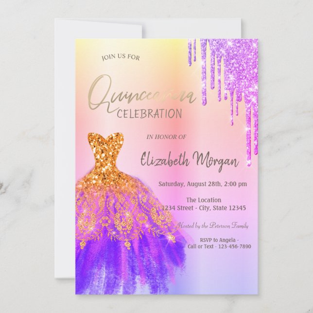Violet Glitzer Tropfen Dress Quinceañera Einladung (Vorderseite)
