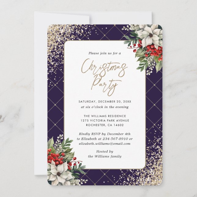 Violet Gold Botanical Elegant Christmas Party Einladung (Vorderseite)