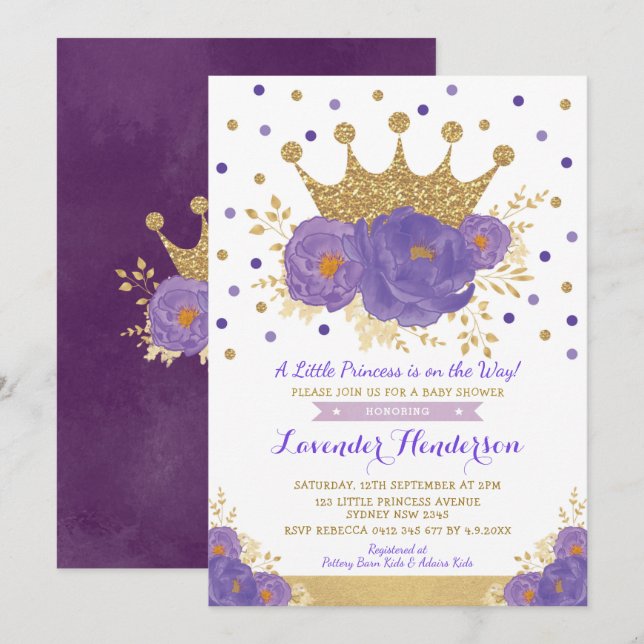 Violet Gold Crown Princess Floral Girl Babydusche Einladung (Vorne/Hinten)
