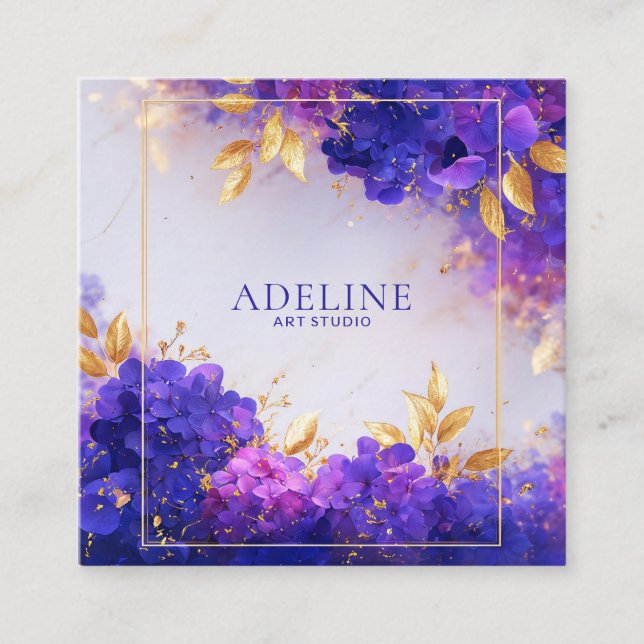 Violet Gold Floral Geometric Frame Elegant Quadratische Visitenkarte (Vorderseite)