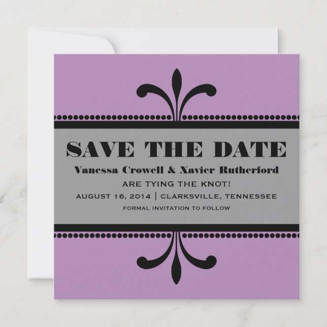Violet/Graue Extravagante Art Déco Save the Date l (Vorderseite)
