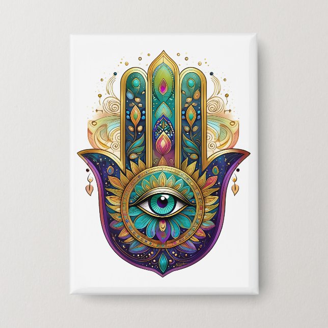 Violet Green Gold Petals Hamsa Turquoise Third Eye Button (Vorderseite)