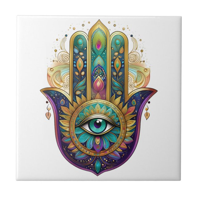 Violet Green Gold Petals Hamsa Turquoise Third Eye Fliese (Vorderseite)