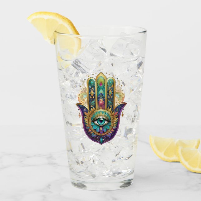 Violet Green Gold Petals Hamsa Turquoise Third Eye Glas (Vorderseite Ice)