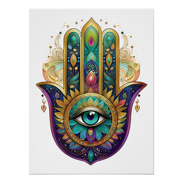 Violet Green Gold Petals Hamsa Turquoise Third Eye Poster (Vorderseite)