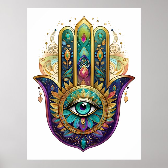 Violet Green Gold Petals Hamsa Turquoise Third Eye Poster (Vorne)