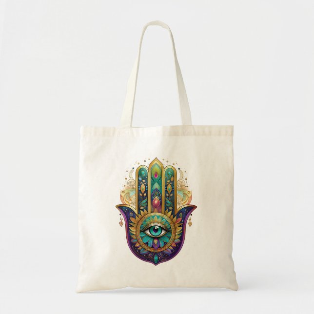 Violet Green Gold Petals Hamsa Turquoise Third Eye Tragetasche (Vorne)