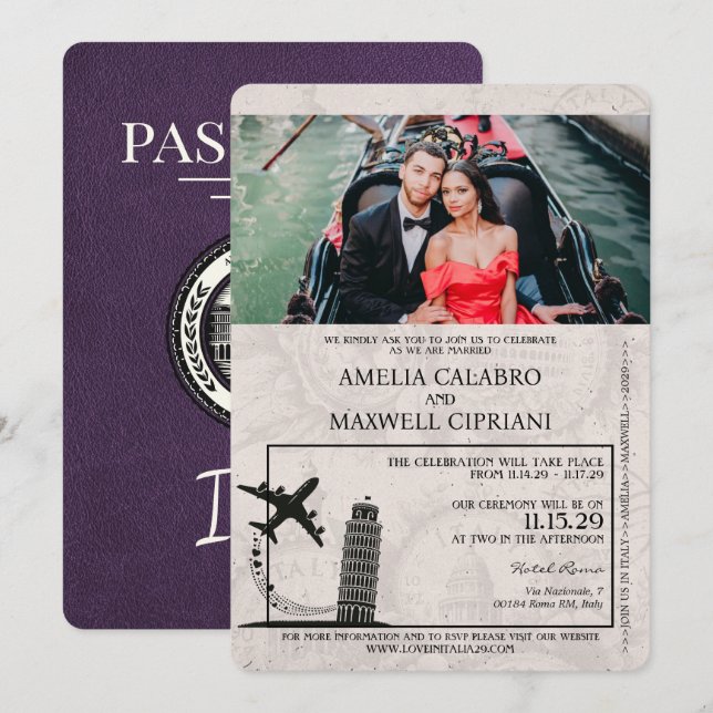 Violet Italien Pass Einladung zur Hochzeit (Vorne/Hinten)