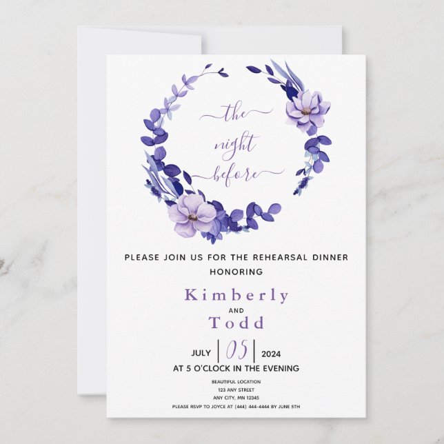Violet & Lavender Floral Probe Dinner Invitati Einladung (Vorderseite)