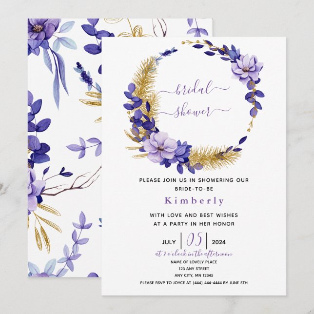 Violet Lavender & Gold Floral Brautparty Einladung (Vorne/Hinten)