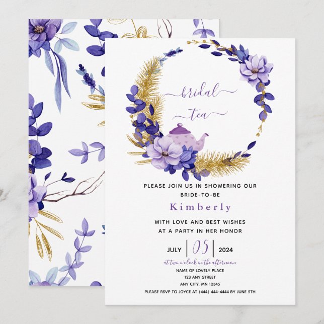 Violet Lavender & GoldFloral Bridal Tee Einladung (Vorne/Hinten)