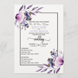 Violet Lavender Poppy Wasserfarbe Blume Hochzeit Einladung