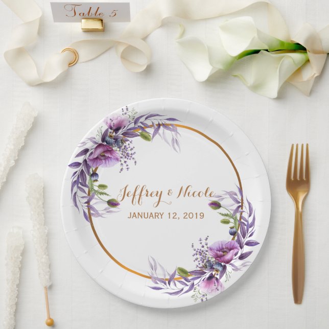 Violet Lavender Poppy Wasserfarbe Blume Hochzeit Pappteller (Hochzeit)