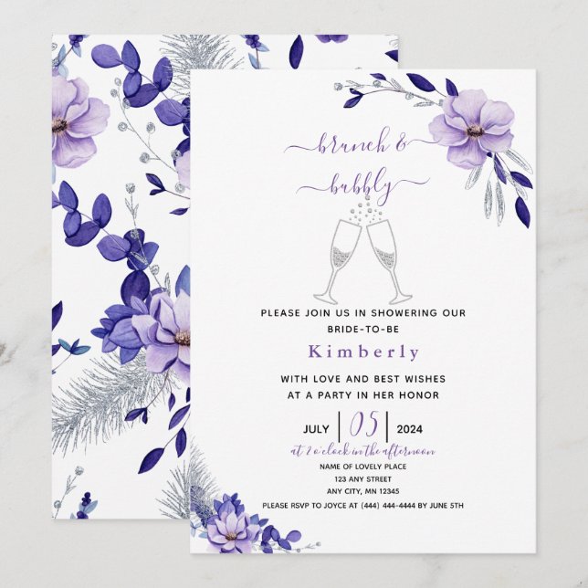 Violet Lavender & Silver Floral Bridal Brunch Einladung (Vorne/Hinten)