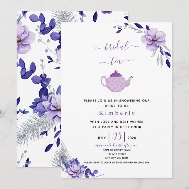 Violet Lavender & Silver Floral Bridal Tee Einladung (Vorne/Hinten)