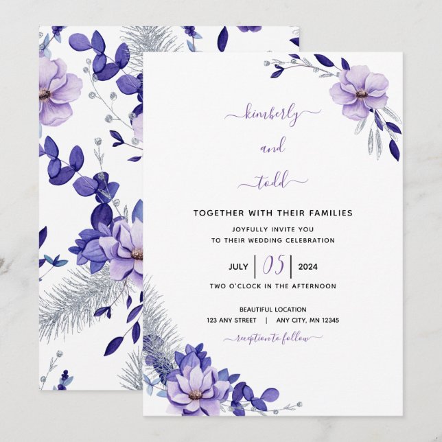 Violet Lavender & Silver Floral Wedding Einladung (Vorne/Hinten)