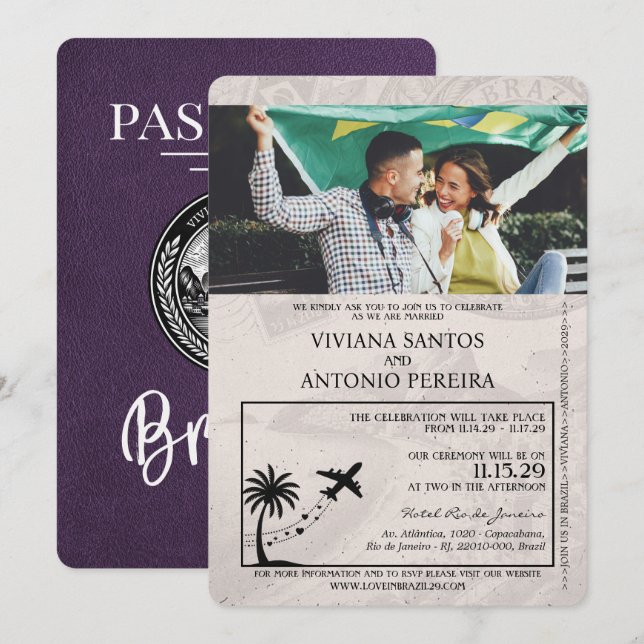 Violet Lila Brasilien Pass Hochzeitsempfang Einladung (Vorne/Hinten)