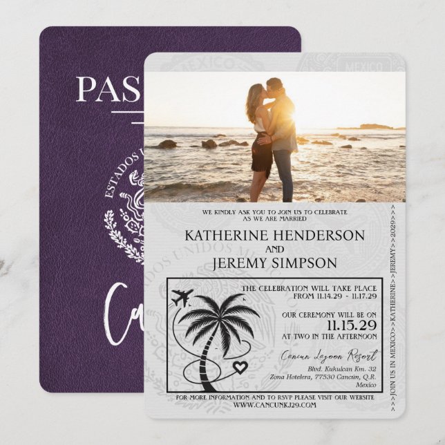 Violet Lila Cancun Passport Wedding Einladung (Vorne/Hinten)