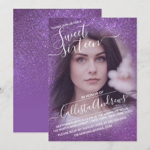 Violet Lila Funkelnd Glitzer Ombre Foto Sweet 16 Einladung