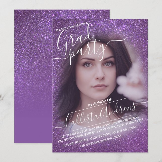 Violet Lila Glitzer Ombre Foto Abschluss Einladung (Vorne/Hinten)