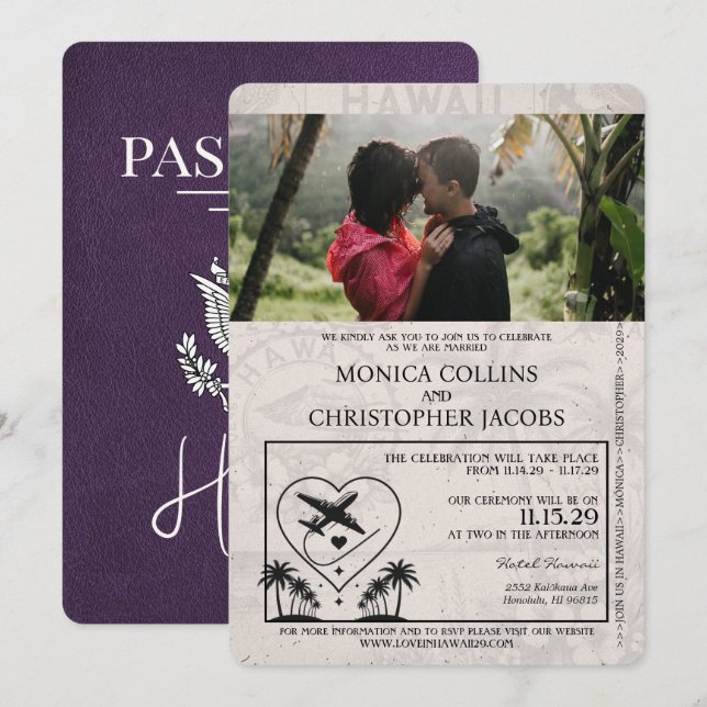 Violet Lila Hawaii Passport Hochzeit Einladung (Vorne/Hinten)