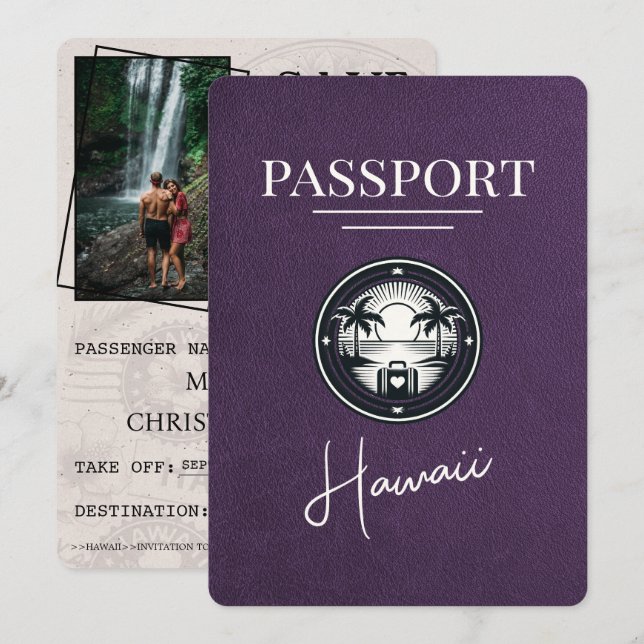 Violet Lila Hawaii Passport Save the Date (Vorne/Hinten)
