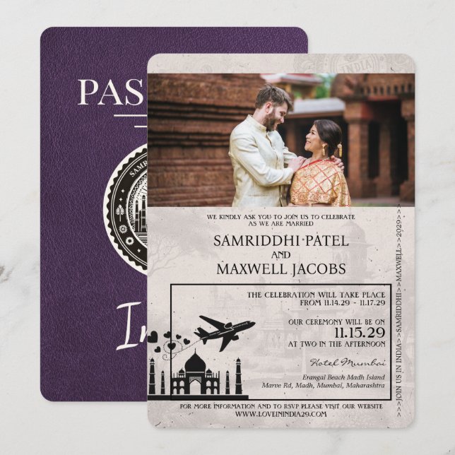 Violet Lila India Pass Einladung zur Hochzeit (Vorne/Hinten)