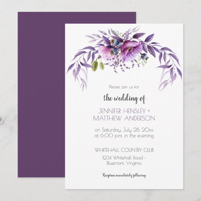 Violet Lila Lavendel Wasserfarbenblütenhochzeit | Einladung (Vorne/Hinten)