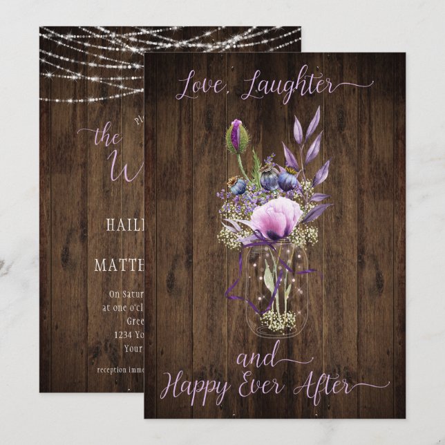 Violet Lila Lavender Floral Mason Jar Wedding Einladung (Vorne/Hinten)