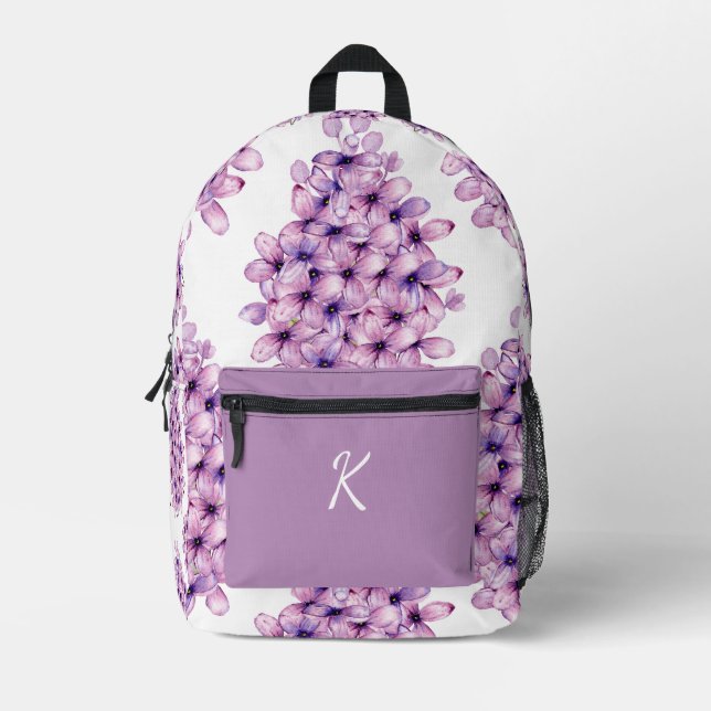 VIOLET LILA LILAC BLUME PATTERN INDIVIDUELLE NAME BEDRUCKTER RUCKSACK (Vorderseite)
